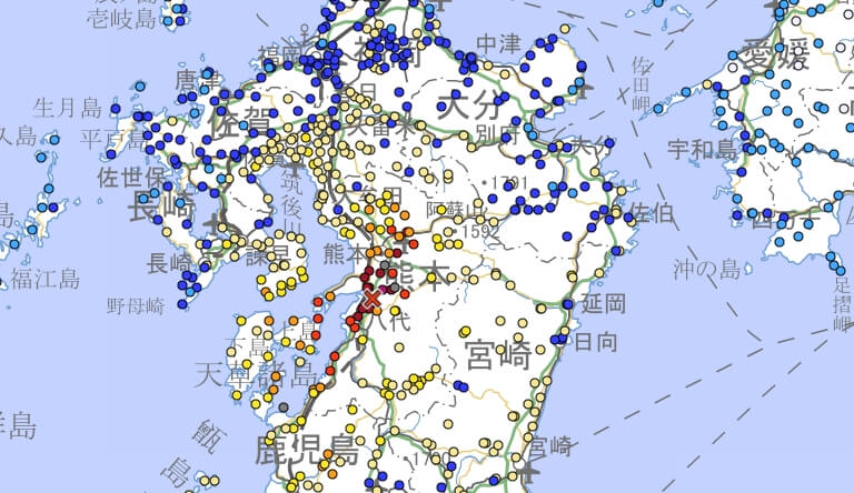 日本熊本28日下午發生規模7.1地震。（圖取自日本氣象廳網頁data.jma.go.jp）