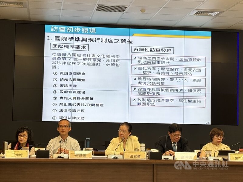人權會29日舉辦「適足居住權下公有財產管理與迫遷議題系統性訪查」期中報告說明會，包括人權會委員王幼玲（左起）、台北大學不動產與城鄉環境學系副教授何彥陞、人權會委員田秋堇、高涌誠、葉大華等人出席。中央社記者高華謙攝 115年7月29日