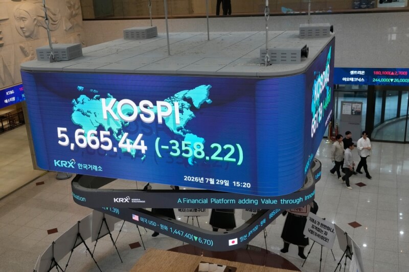 韓國首爾證券交易所螢幕顯示29日的綜合股價指數（KOSPI）。（美聯社）