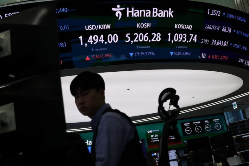 韓國金融投資協會30日表示，推動4項措施應對韓股槓桿ETF對投資人造成的嚴重損失，維護市場穩定及保護投資人。圖為韓亞銀行電子螢幕上寫有KOSPI指數、韓元匯率以及科斯達克指數（KOSDAQ）。（路透社）
