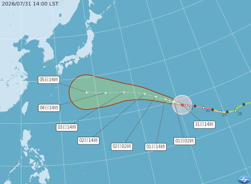 氣象署預估，颱風白海豚路徑短期內受太平洋高壓影響，將接近日本南方海面。（圖取自氣象署網頁cwa.gov.tw）