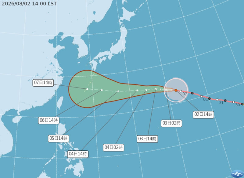 氣象署指出，颱風白海豚正朝琉球群島移動，6日後路徑分歧，預估8日起台灣受外圍環流影響，北部山區防豪雨。（氣象署網頁cwa.gov.tw）