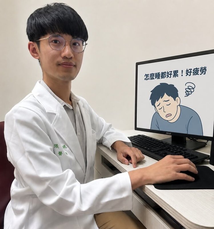 新竹55歲許姓男子近期明顯易疲倦、體力下降，休息後仍未改善，就醫發現是甲狀腺機能亢進導致。新竹台大分院家庭醫學部醫師張博硯（圖）呼籲，疲倦是門診中常見的不適症狀，應多留意身體發出的警訊，儘早就醫找出原因。（新竹台大分院提供）中央社記者魯鋼駿傳真　115年8月3日