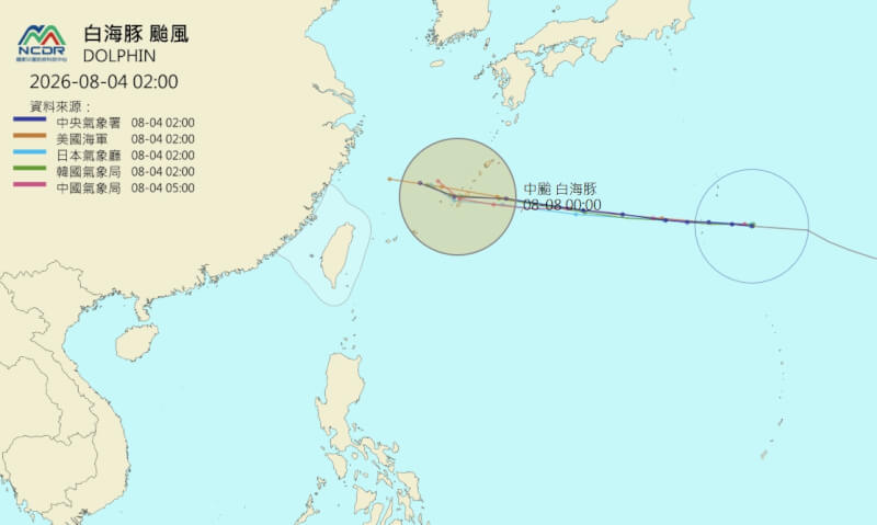 各國預測颱風白海豚路徑。（圖取自天氣與氣候監測網網頁watch.ncdr.nat.gov.tw）