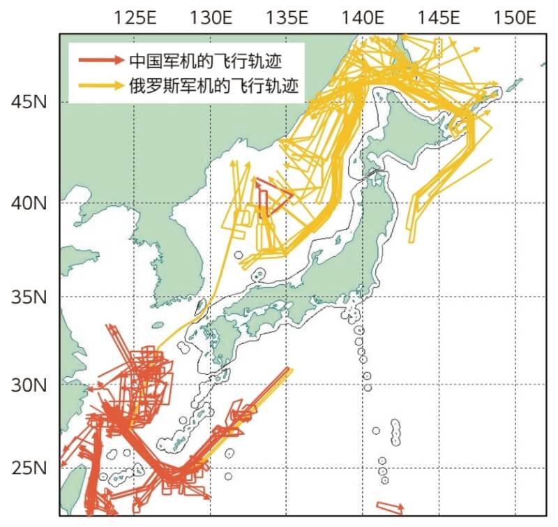 2025年觸發日方緊急起飛的俄羅斯軍機與中國軍機飛行軌跡。(圖取自日本防衛省自衛隊網頁mod.go.jp)