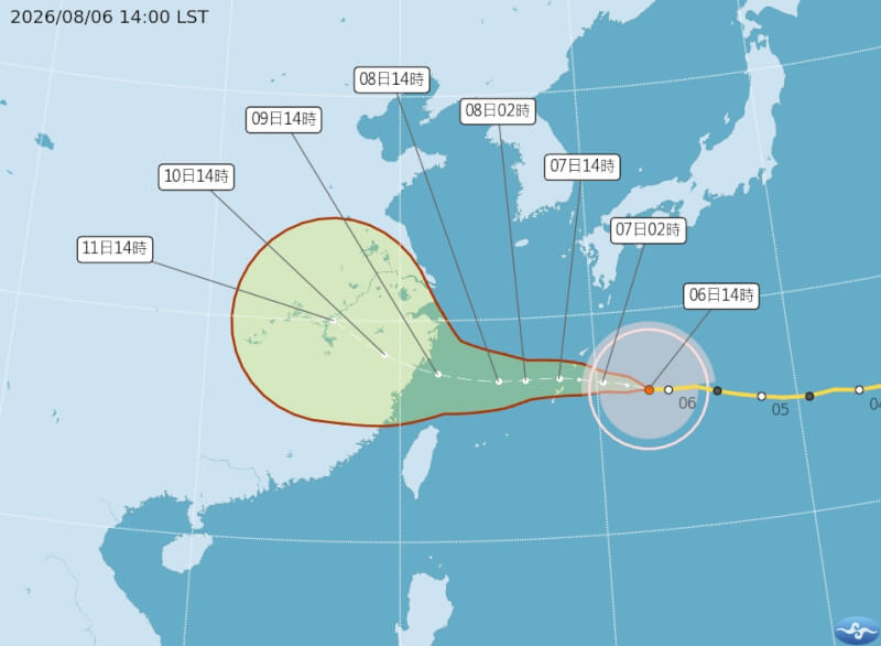 颱風白海豚6日下午2時中心位置約在台北東方1120公里處,以偏西的方向朝琉球群島移動;預測8、9日會通過台灣北部海面進入中國浙江。(中央氣象署網頁cwa.gov.tw)