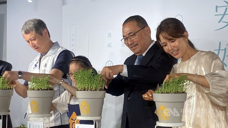 新北市第13屆庇護禮「安好植光」植栽禮盒7日發表，新北市長侯友宜（右2）、勞工局長陳瑞嘉（左）及活動代言人吳怡霈（右）等在記者會體驗植栽收割。中央社記者黃旭昇攝　115年8月7日