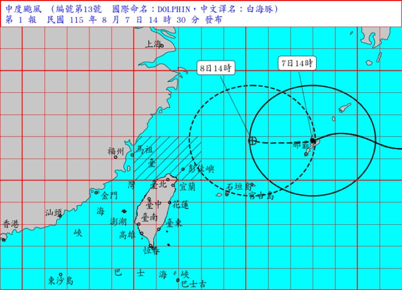 中央氣象署7日下午2時30分發布颱風白海豚海警，警戒範圍為台灣北部海面。（圖取自氣象署網頁cwa.gov.tw）