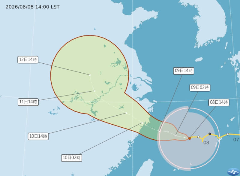 颱風白海豚路徑未來持續朝西移動，暴風圈逐漸接近北部海面。（圖取自氣象署網頁cwa.gov.tw）
