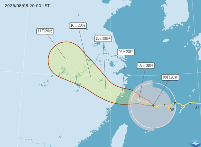 氣象署預測颱風白海豚9日晚間到10日清晨將接近馬祖地區,10日白天起逐漸遠離。(圖取自氣象署網頁cwa.gov.tw/)