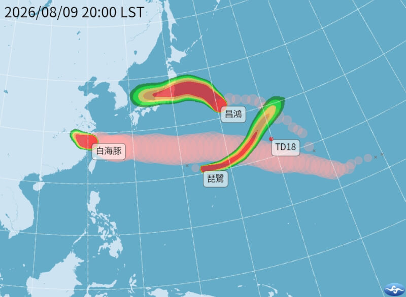 登陸中國浙江的颱風白海豚、昌鴻及琵鷺3颱9日共存。其中昌鴻預估11日將接近日本本州，琵鷺則會持續往東在海面上移動，對各地皆無影響。（圖取自中央氣象署網頁cwa.gov.tw）