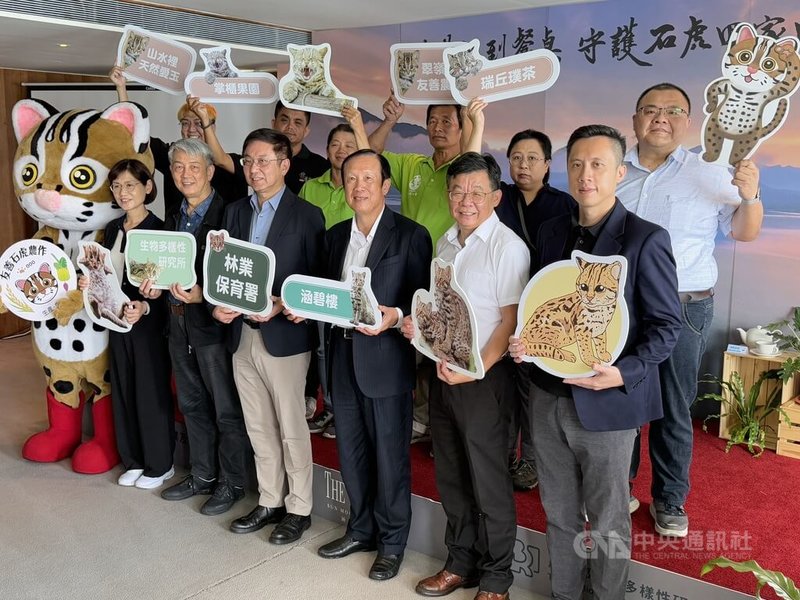 農業部林業及自然保育署南投分署、農業部生物多樣性研究所、日月潭涵碧樓酒店12日在涵碧樓舉辦「從農地到餐桌,守護石虎回家的路」友善石虎農作週記者會,籲各界一起做好保育。中央社記者蕭博陽南投縣攝 115年8月12日