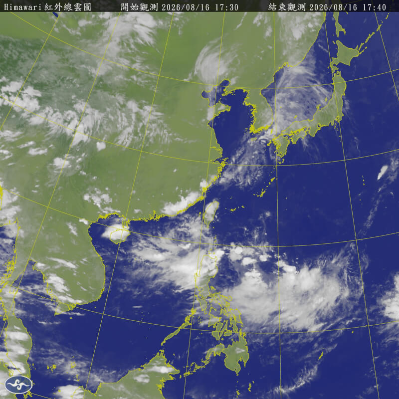 氣象署16日表示，未來一週台灣受大低壓帶影響，南部、東半部地區易有短暫陣雨。圖為氣象署16日下午5時30分發布衛星雲圖。（圖取自氣象署網頁cwa.gov.tw）