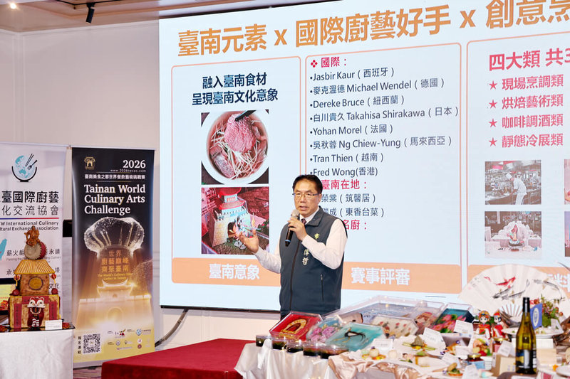 台南市長黃偉哲（圖）17日宣布，2026台南美食之都世界餐飲藝術挑戰賽10月26日登場，賽事導入「台南意象加分機制」，鼓勵參賽者將台南在地食材、歷史文化、城市景觀及人文故事融入創作。（台南市政府提供）中央社記者張榮祥台南傳真　115年8月17日