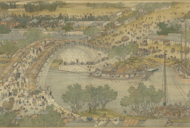 清院本清明上河圖描繪北宋都城開封汴河兩岸的繁榮景象。（圖取自國立故宮博物院網頁theme.npm.edu.tw/）