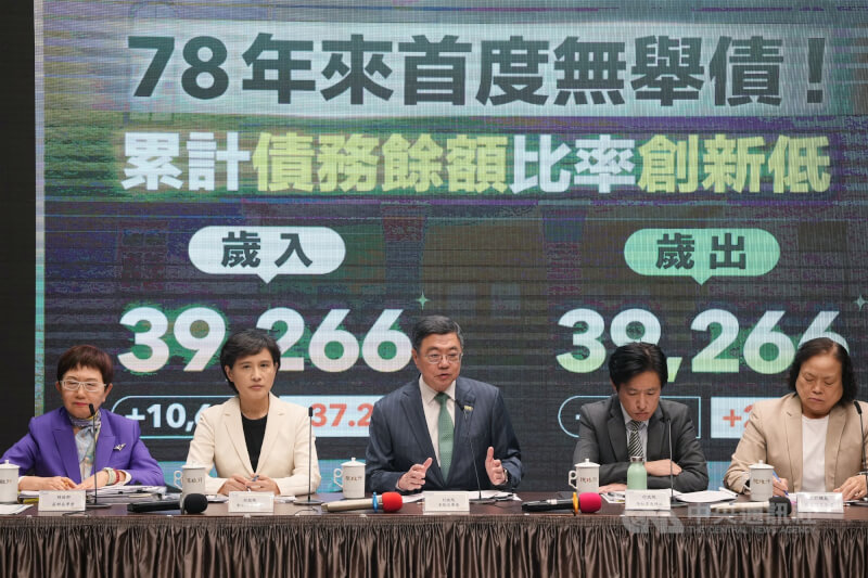 行政院會20日拍板116年度中央政府總預算，8月底前將送請立法院審議。行政院長卓榮泰（中）與副院長鄭麗君（左2）、秘書長張惇涵（右2）、主計長陳淑姿（右）、財政部長莊翠雲（左）出席記者會，呼籲立法院能順利通過116年總預算案。中央社記者徐肇昌攝　115年8月20日