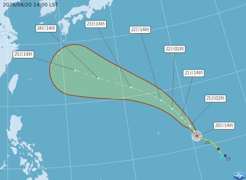 輕度颱風沙德爾目前約在鵝鑾鼻東南東方3370公里海面上，預估26日左右會移動至琉球附近海面，不排除未來2、3天就有機會增強為中颱或強颱。（圖取自氣象署網頁cwa.gov.tw）