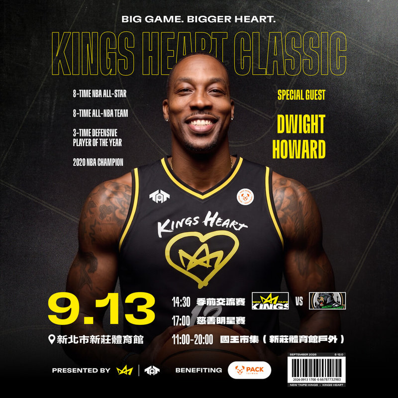 台灣職業籃球大聯盟（TPBL）新北國王9月13日在新莊體育館舉辦Kings Heart Classic公益賽，前NBA球星「魔獸」霍華德（Dwight Howard）確認參賽，將再度與台灣球迷見面。（新北國王提供）中央社記者黎建忠傳真　115年8月21日