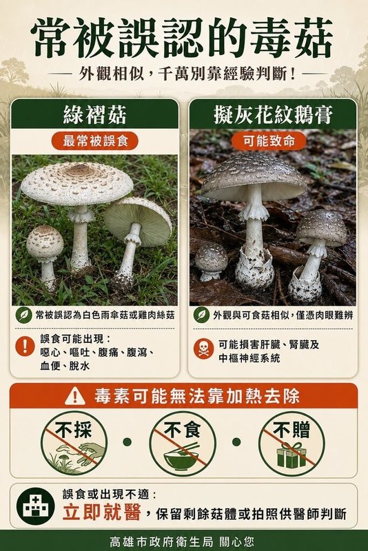 高雄一家3口疑似食用友人從戶外草地採摘的不明白色野菇，出現腹瀉、頭昏、頭痛及嘔吐等症狀，高雄市衛生局呼籲勿採食野外雨後野菇。（高雄市衛生局提供）中央社記者林巧璉傳真　115年8月22日