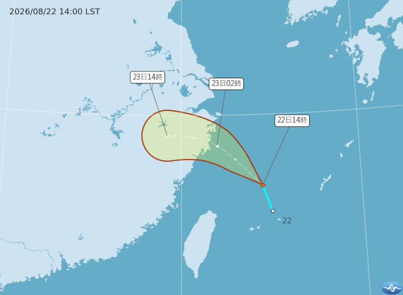 對於日本氣象廳已將熱帶性低氣壓TD22升格為今年第20號颱風簡拉維，中央氣象署22日表示目前持續以熱帶性低氣壓預測其路徑，若對流發展或旋轉情形比較明顯，會再討論是否升級為颱風。（圖取自中央氣象署網頁cwa.gov.tw）
