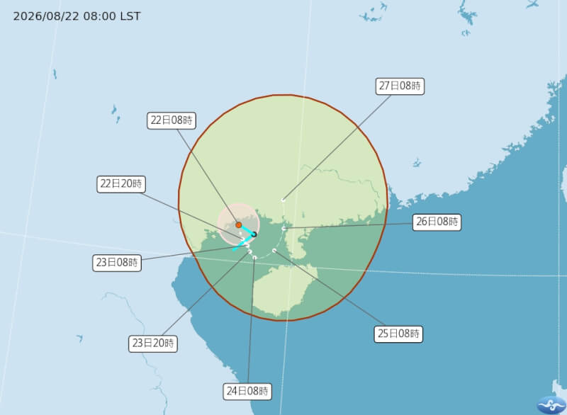 颱風紫檀在22日上午8時生成。圖為紫檀潛勢路徑預報。（圖取自氣象署網頁cwa.gov.tw）
