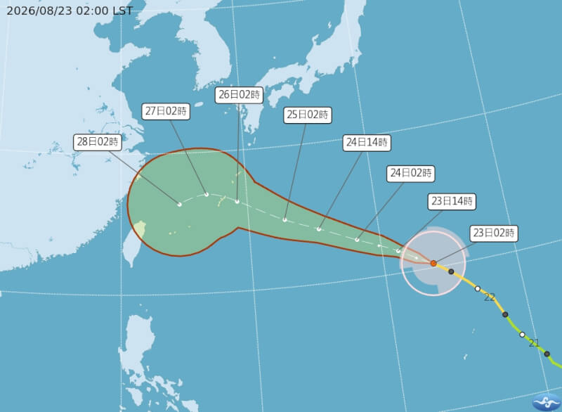 颱風沙德爾路徑潛勢預測圖。（圖取自氣象署網頁cwa.gov.tw）