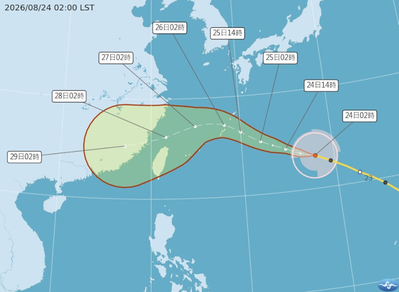 颱風沙德爾將以中颱之姿襲台，27、28日中心進入台灣北部近海，暴風圈掃過大半個台灣。（圖取自中央氣象署網頁cwa.gov.tw）