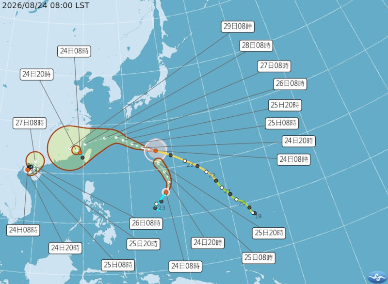 颱風沙德爾(左2颱風)預計26日抵達琉球附近海面並轉往西南方靠近台灣,27、28日距離台灣最近(圖取自氣象署網頁cwa.gov.tw)