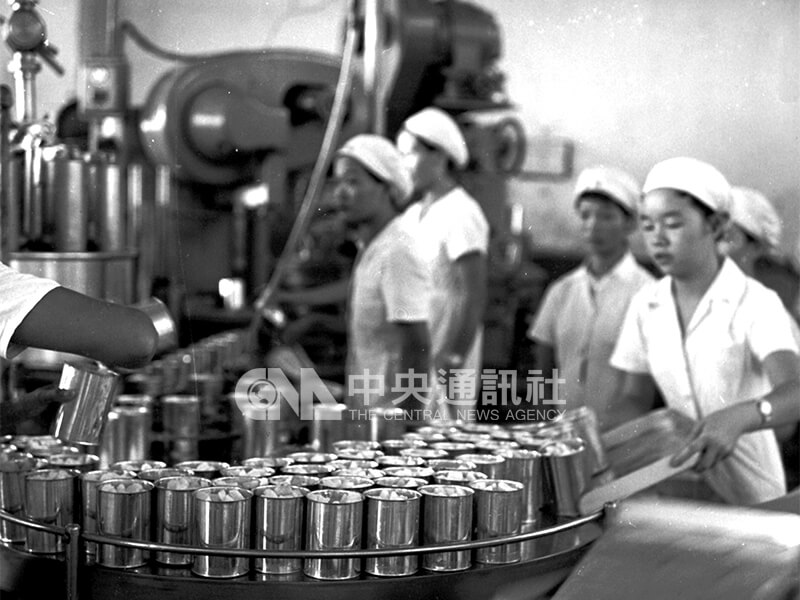 女作業員將鳳梨罐頭送往機台上加注糖漿,再執行封罐作業。照片左方機器即為注(糖)液機。中央社記者秦炳炎攝 49年8月26日