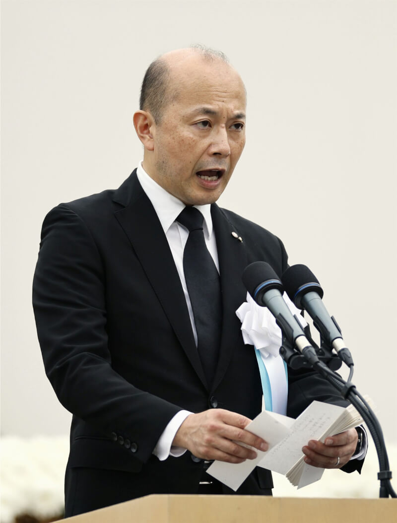 日本長崎市市長鈴木史朗9日出席長崎原爆和平紀念典禮並發表演說。（共同社）