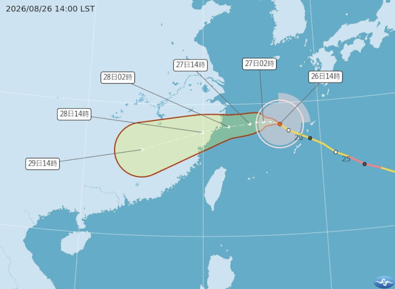 氣象署表示，颱風沙德爾路徑再北修並持續減弱，仍預估27日清晨至上午發布海警，27日入夜後至28日颱風距台最近。（圖取自氣象署網頁cwa.gov.tw）