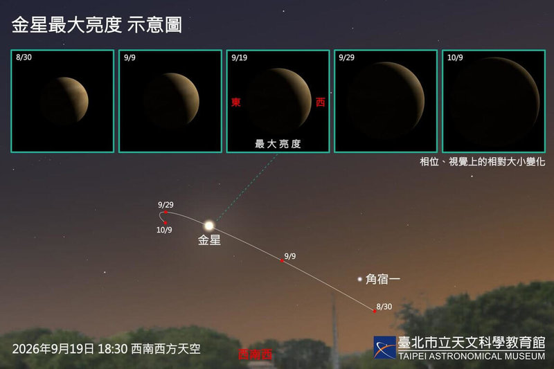 台北市立天文科學教育館29日表示，9月壓軸天象為9月19日的「金星最大亮度」，金星視星等達-4.8等，透過小型望遠鏡看起來像一彎細眉月，在西方傍晚的天空更顯耀眼。（台北市立天文科學教育館提供）中央社記者葉蓁芸傳真 115年8月29日