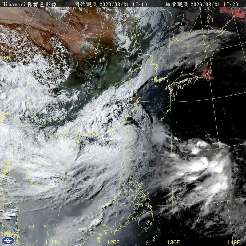 31日傍晚5時10分衛星雲圖。（圖取自氣象署網頁cwa.gov.tw）