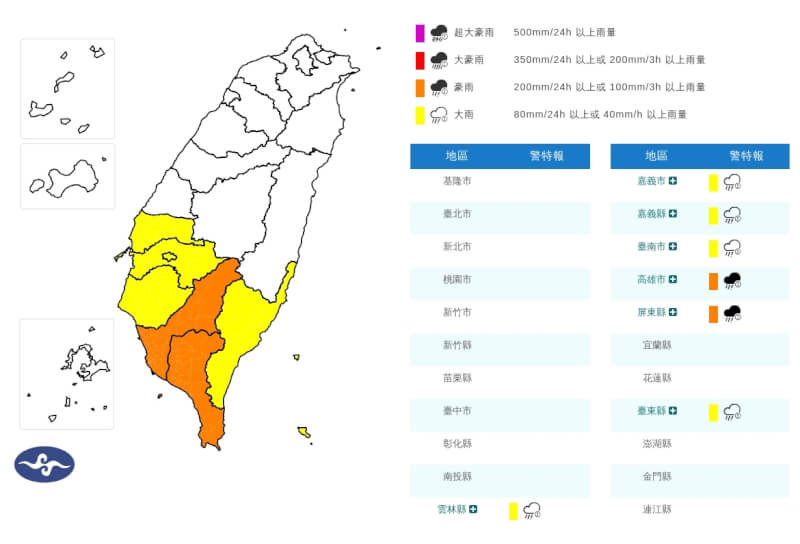 中央氣象署1日針對高雄市、屏東縣發布豪雨特報。（圖取自氣象署網頁cwa.gov.tw）