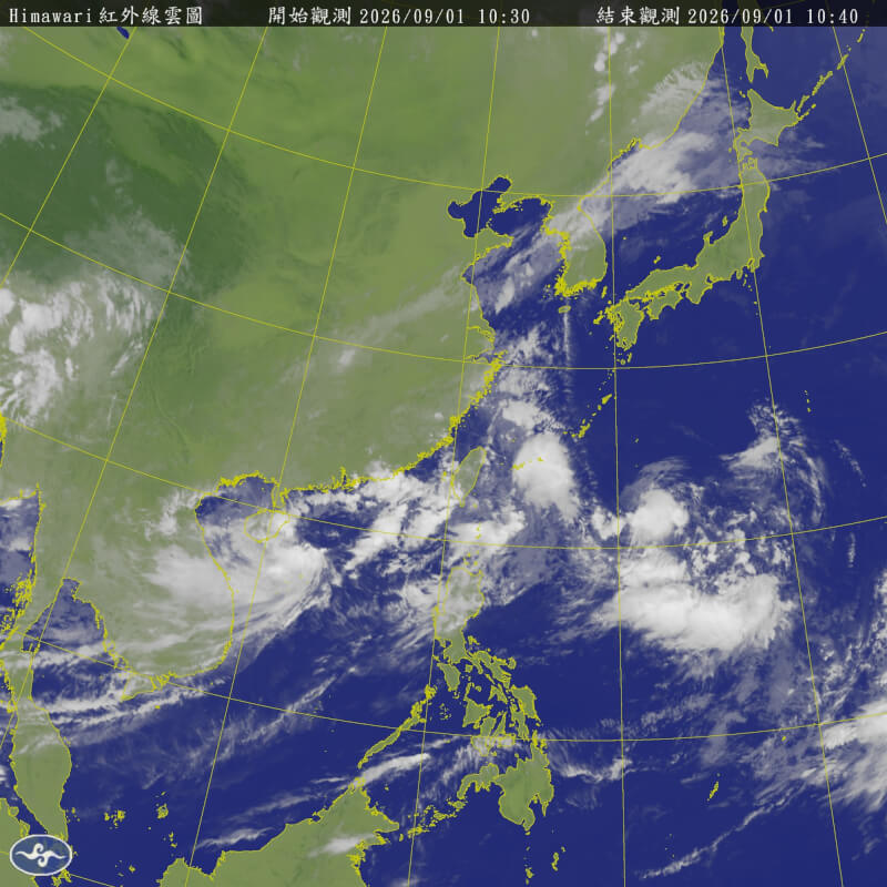 氣象署表示，2日下半天至3日颱風沙德爾最接近台灣海峽，發布海警機會低但不排除。圖為1日上午10時30分衛星雲圖。（圖取自中央氣象署網頁cwa.gov.tw）