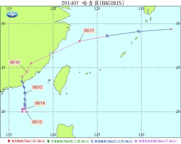 2014年的哈吉貝颱風登陸中國廣東後一度減弱為熱帶性低氣壓，後於東海再度增強為輕度颱風並影響琉球群島。（圖取自颱風資料庫網頁dc28.cwa.gov.tw/）