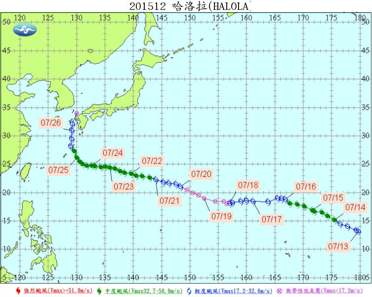 2015年的哈洛拉颱風當時對台灣並無影響。（圖取自颱風資料庫網頁dc28.cwa.gov.tw/）