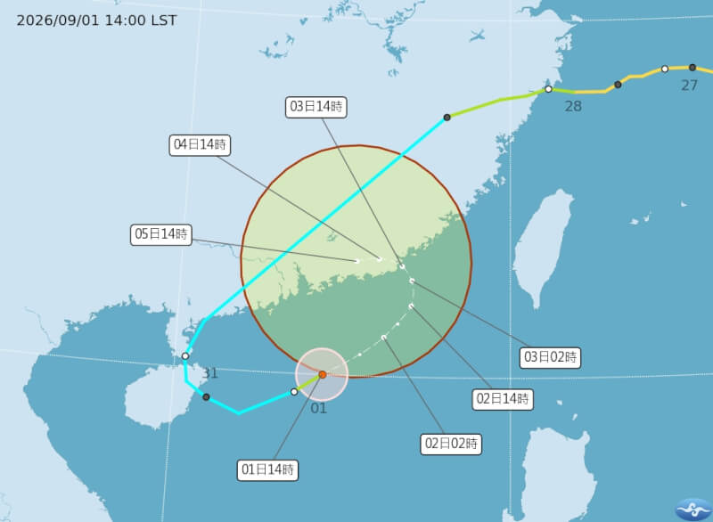 颱風沙德爾1日下午2時中心位置約在鵝鑾鼻西南西方710公里之處持續朝東北方移動，預估2日開始北轉。（圖取自中央氣象署網頁cwa.gov.tw）