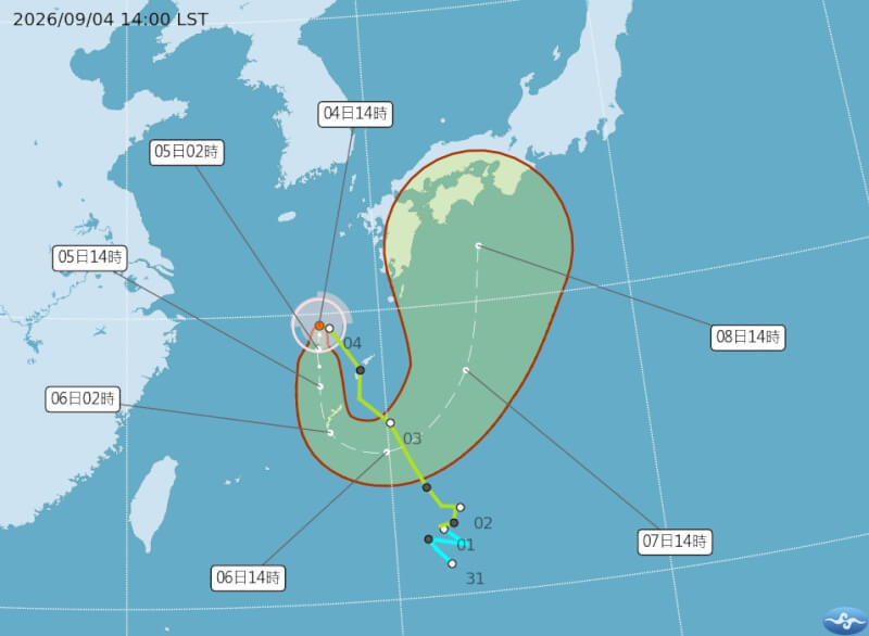 颱風科羅旺預計9月6日會往東邊轉出去。7日、8日往東移後，北上過程將逐漸減弱。（圖取自氣象署網頁cwa.gov.tw）