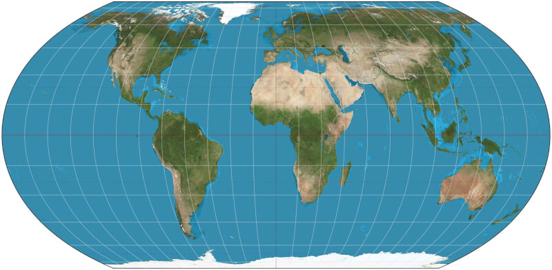 等積投影地圖。(圖取自維基共享資源;作者Strebe,CC BY-SA 4.0)
