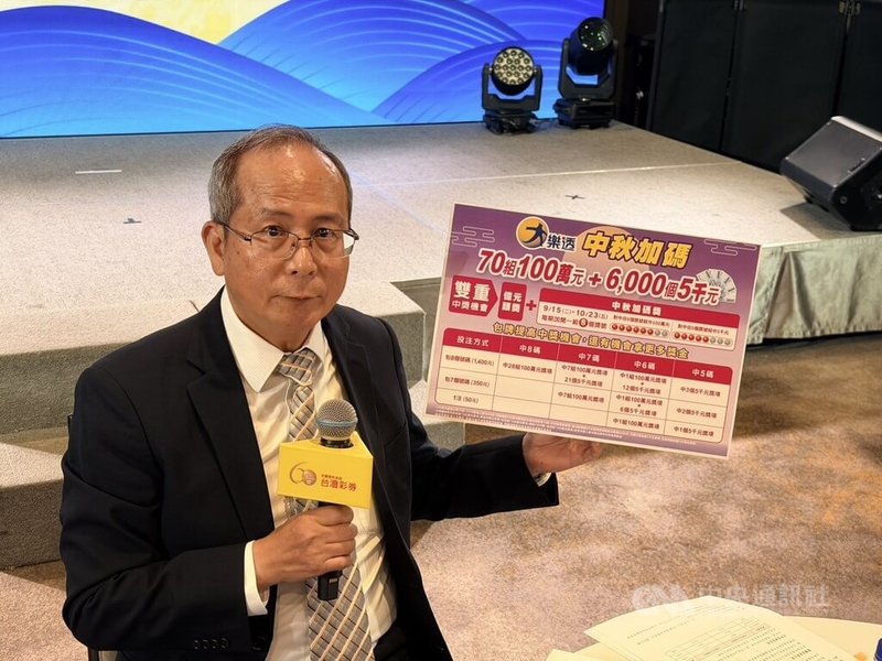 台灣彩券公司推出115年中秋加碼活動，其中大樂透自9月15日起，每期加開「70組100萬元」與新獎項「6000個5000元」，圖為台彩公司總經理謝志宏。中央社記者呂晏慈攝　115年9月8日