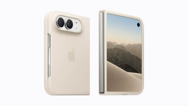 iPhone Duo摺疊後大致呈護照大小與形狀，採用鈦金屬打造，配備7.6吋內螢幕與5.4吋外螢幕。圖為iPhone Duo搭配淺色保護殼。（圖取自蘋果公司網頁apple.com）