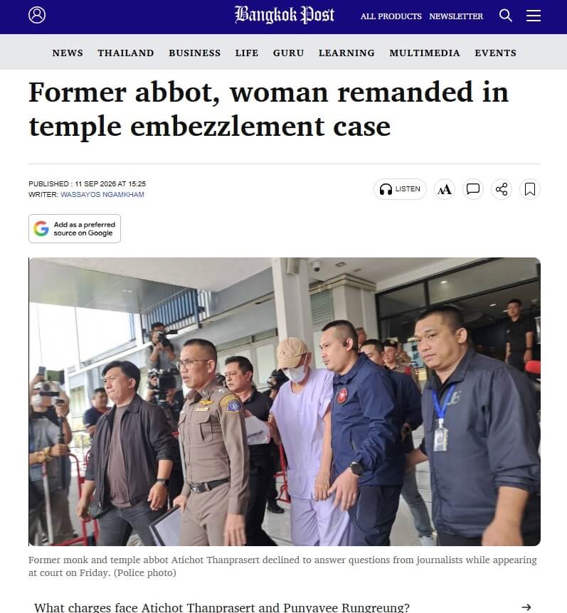 泰國知名皇家寺院前住持爆貪腐及性醜聞引起軒然大波。（圖取自曼谷郵報網頁bangkokpost.com）