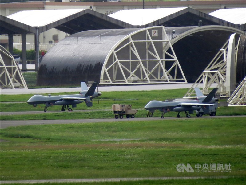 圖為沖繩嘉手納基地的美軍MQ-9攻擊無人機。（中央社檔案照片）