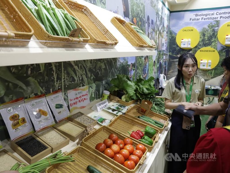 馬來西亞種植蔬果種類多元，不同作物在栽培過程面臨病蟲害及田間管理等問題。圖為馬來西亞農業科技展展示的番茄、甜椒、長豆及葉菜等農作物。中央社記者黃自強吉隆坡攝　115年9月15日