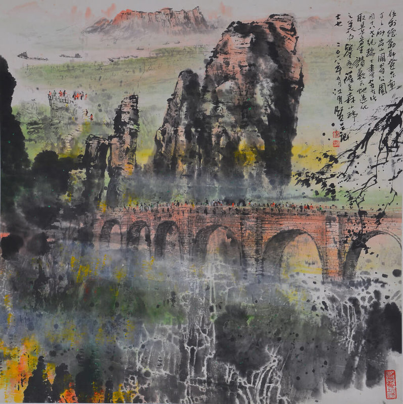 第6屆台灣書畫百人大展17日起將在中正紀念堂登場，匯集超過百件作品展出。圖為參展藝術家江明賢展出作品「易北河沙岩山」。（台虹文化企業提供）中央社記者王寶兒傳真　115年9月15日