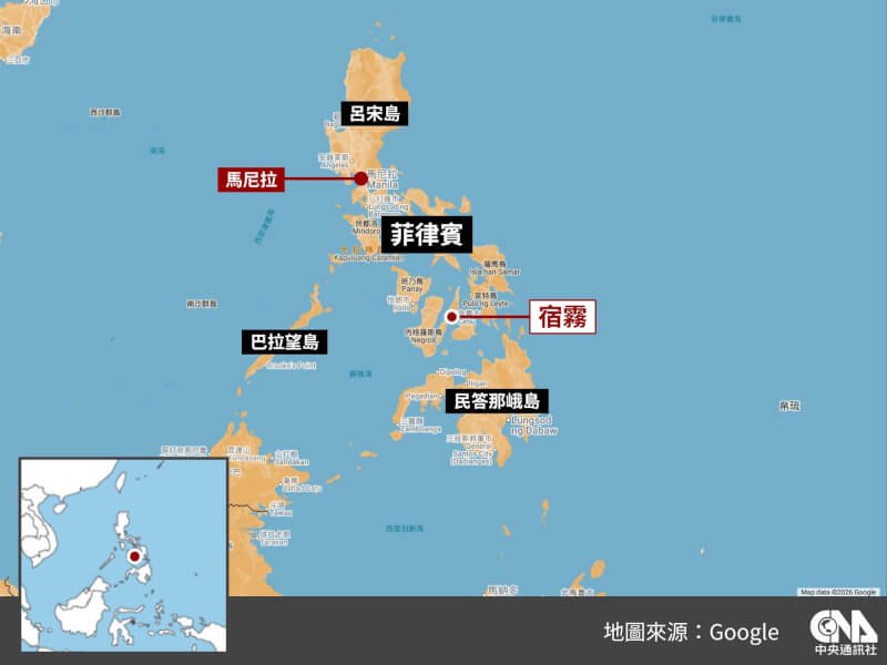 外交部長林佳龍15日證實台灣在菲律賓南部的宿霧新設辦事處「在進行中」，期望能藉此促進打造台菲經濟走廊。（中央社製圖）