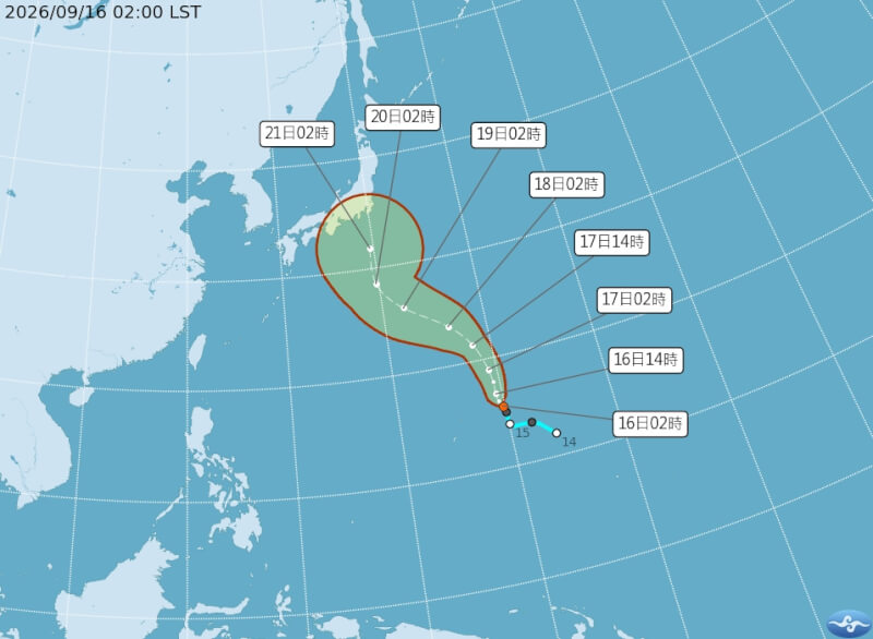 最新氣象署颱風消息顯示，在關島東北東方海面的熱帶性低氣壓TD28，16日將發展為今年第24號颱風「杜鵑」。圖為TD28路徑潛勢預測圖。（圖取自氣象署網頁cwa.gov.tw）