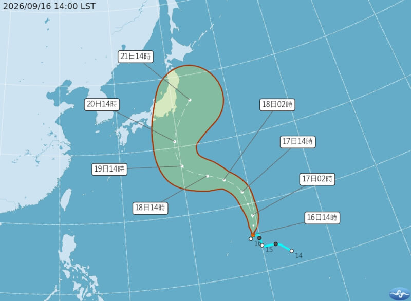 熱帶性低氣壓TD28路徑潛勢預測。（圖取自氣象署網頁cwa.gov.tw）