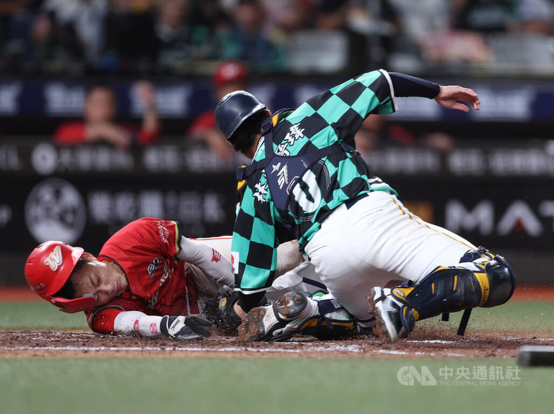 中華職棒中信兄弟20日在台北大巨蛋交手味全龍,8局上,兄弟曾頌恩接殺龍隊打者擊往左外野的飛球,長傳給捕手林吳晉瑋(右),讓跑者郭天信(左)在本壘前出局。中央社記者張新偉攝 115年9月20日